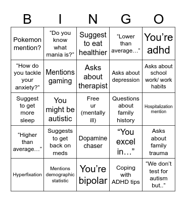 Psych Evaluation Bingo Card