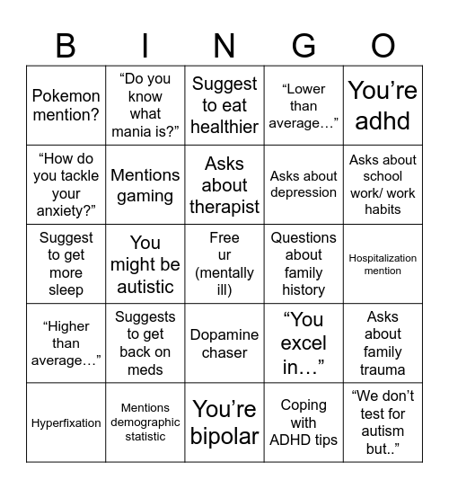 Psych Evaluation Bingo Card