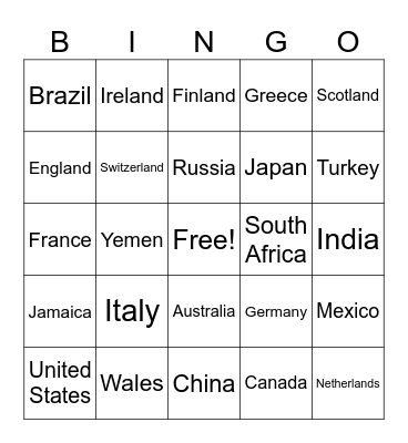 Countries Bingo Card