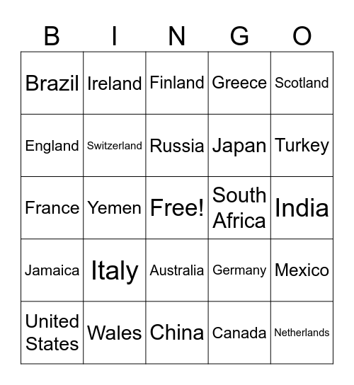 Countries Bingo Card