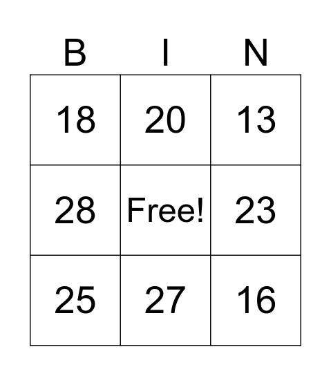 Number Bingo Card