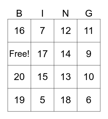 Number Bingo Card