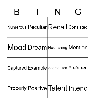 Vocabulary Bingo  Bingo Card