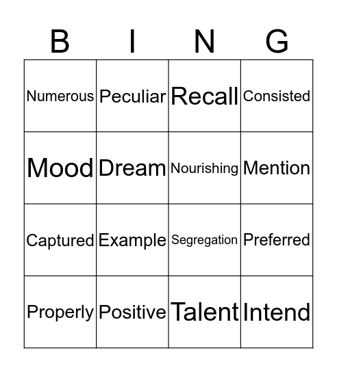 Vocabulary Bingo  Bingo Card