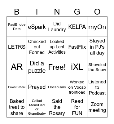 Snow (Work) Day Bingo Card