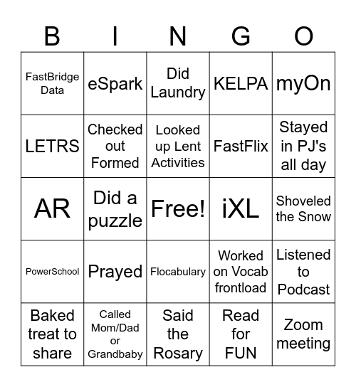 Snow (Work) Day Bingo Card