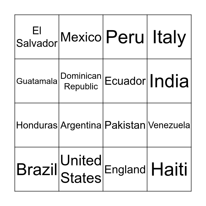 Countries Bingo Card