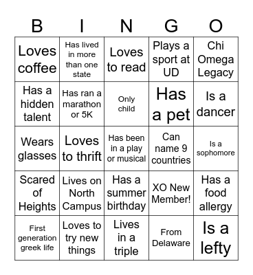 XO New Member Bingo Card