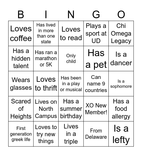 XO New Member Bingo Card