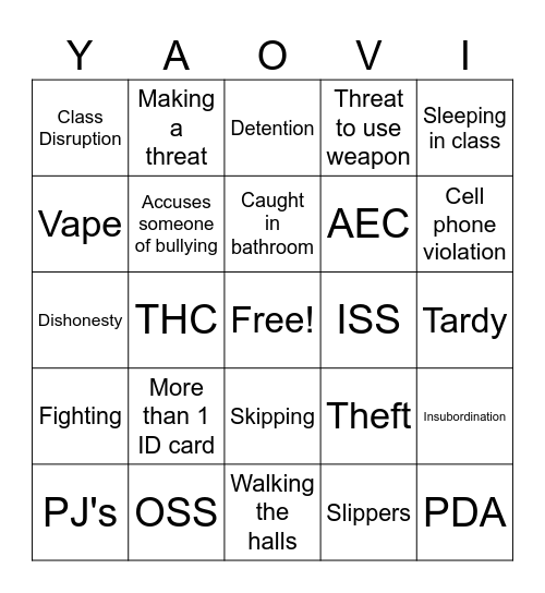 YAOVI Bingo Card