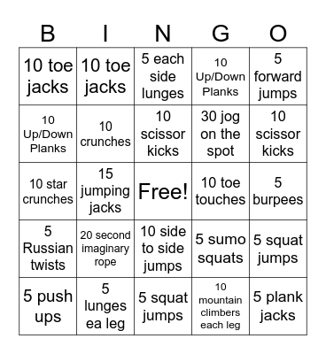 Physical Education (PE) Bingo Card