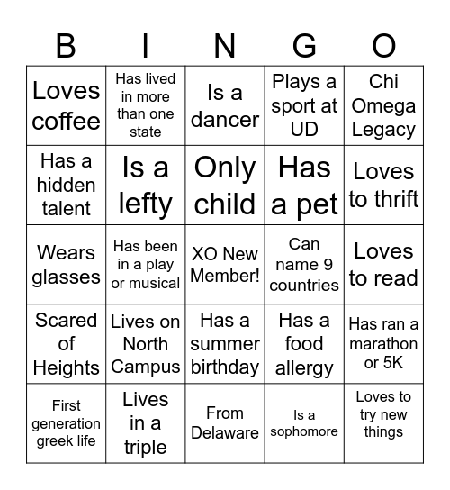 XO New Member Bingo Card