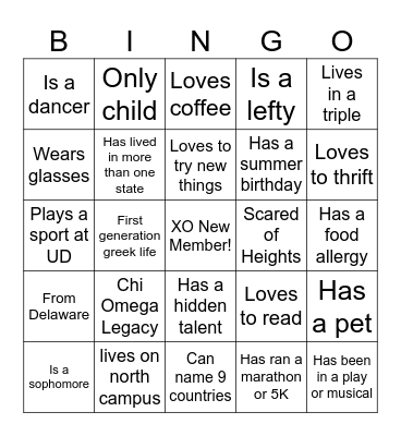 XO New Member Bingo Card