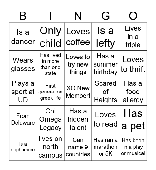 XO New Member Bingo Card