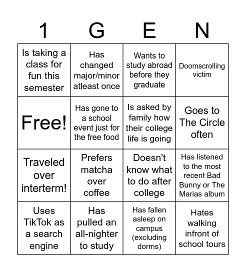 First Gen Bingo! Bingo Card