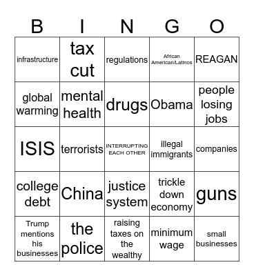 2016 Presidential Debate Bingo Card