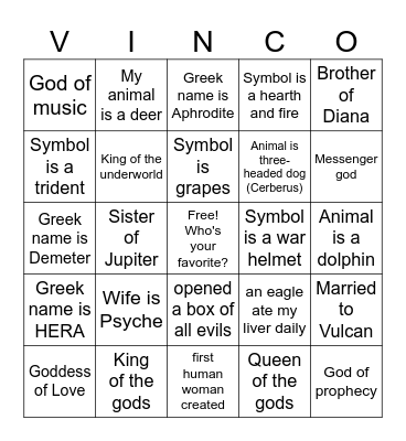Mythology Museum Bingo Card