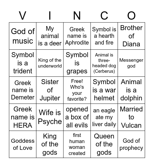 Mythology Museum Bingo Card