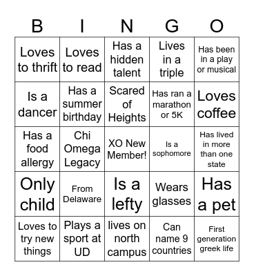 XO New Member Bingo Card