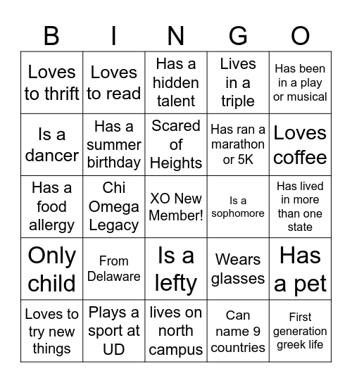 XO New Member Bingo Card