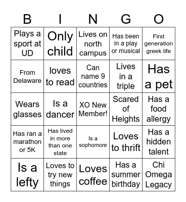 XO New Member Bingo! Bingo Card