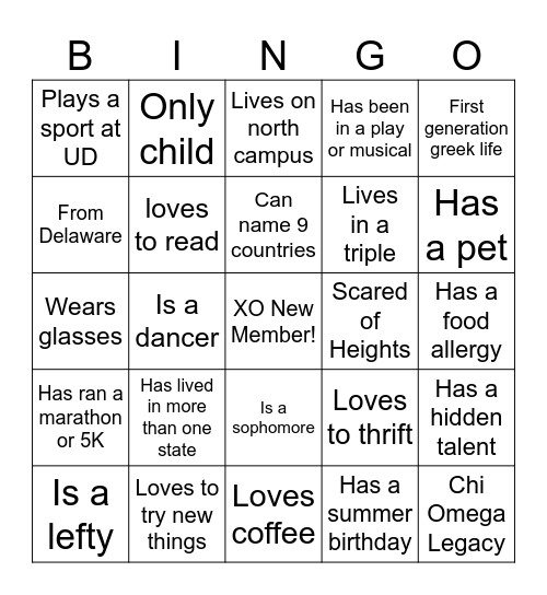 XO New Member Bingo! Bingo Card