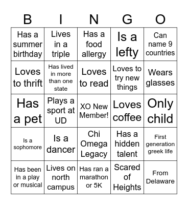 XO New Member Bingo Card
