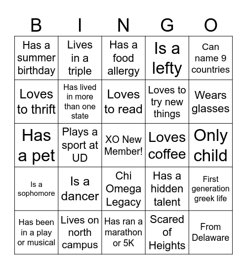 XO New Member Bingo Card