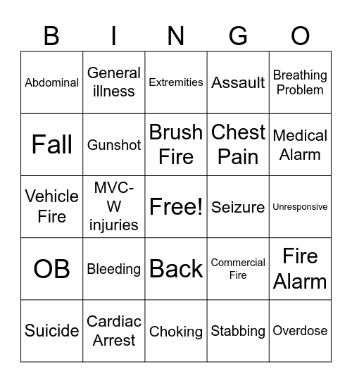 Fire Department Call Bingo Card