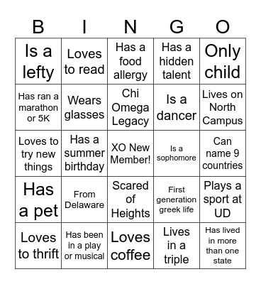 XO New Member Bingo Card