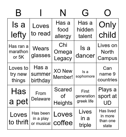 XO New Member Bingo Card