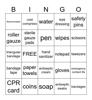 First Aid Bingo Card