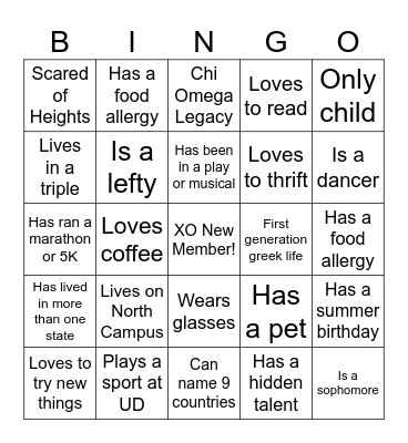 XO Member Meeting Bingo Card