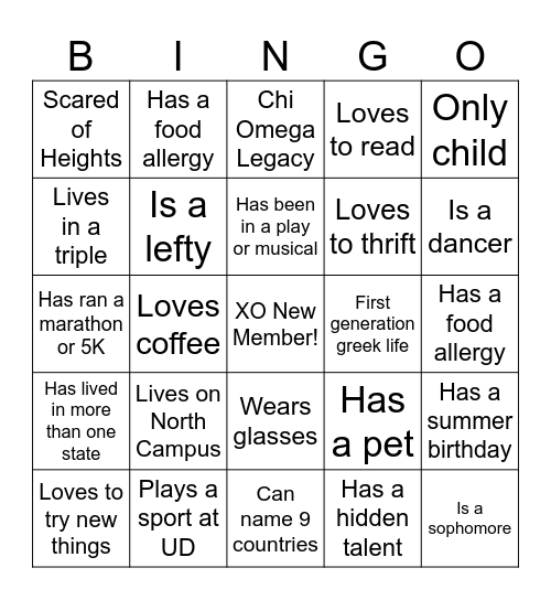 XO Member Meeting Bingo Card