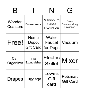 Kelly's Bridal Shower Bingo Card
