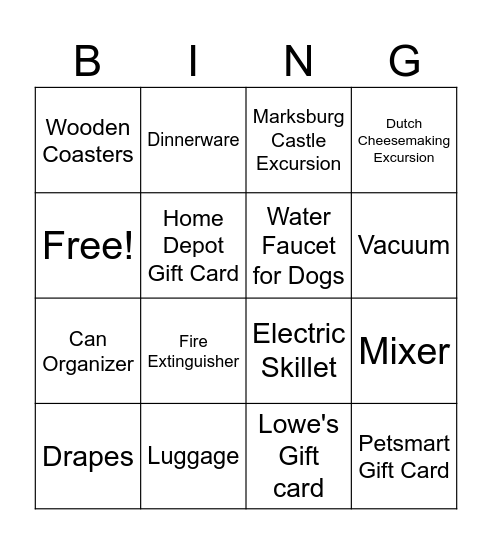 Kelly's Bridal Shower Bingo Card