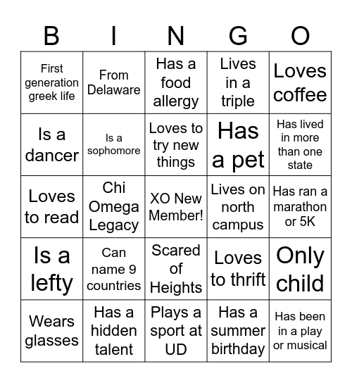 XO New Member Bingo Card