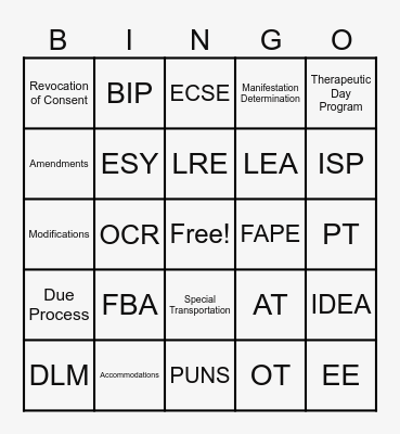 Special Education Bingo Card