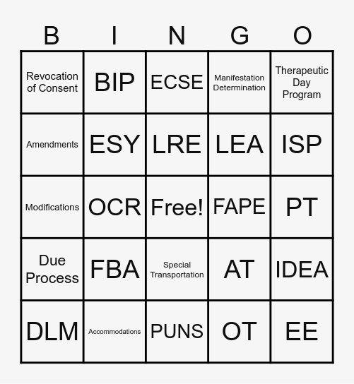 Special Education Bingo Card
