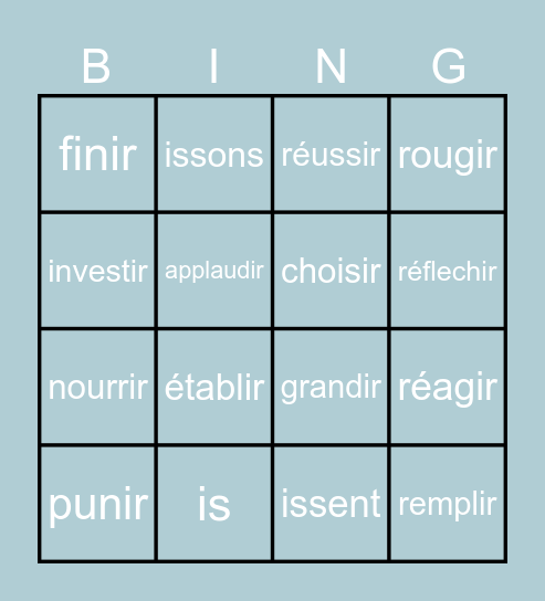Verbs Ending in -IR Bingo Card
