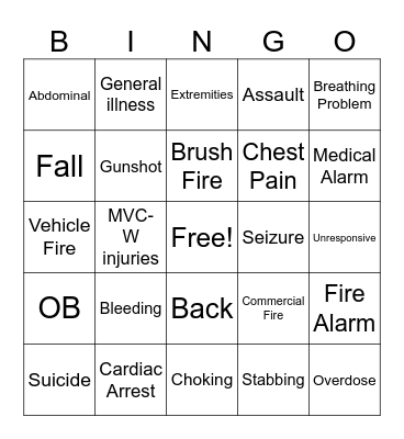 Fire Department Call Bingo Card