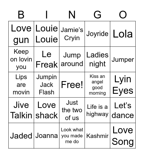 Songs that begin with J, K, L Bingo Card