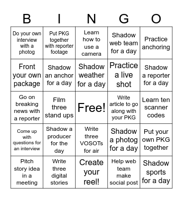 Internship Bingo Card