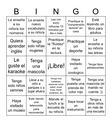 Taller Para Padres: Busque a alguien que... Bingo Card