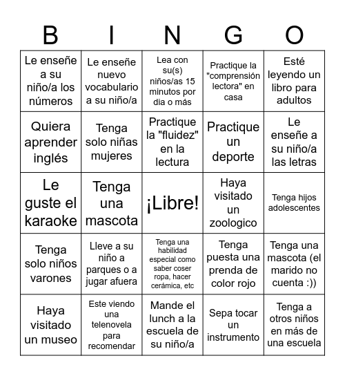 Taller Para Padres: Busque a alguien que... Bingo Card