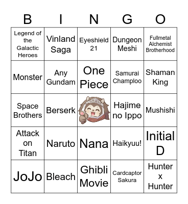 Anime Music Quiz Bingo Card