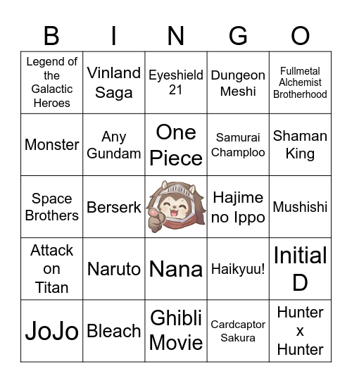 Anime Music Quiz Bingo Card