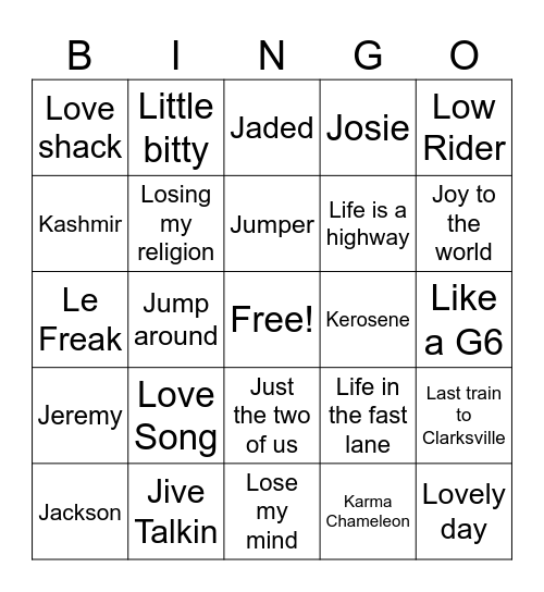 Songs that begin with J, K, L Bingo Card