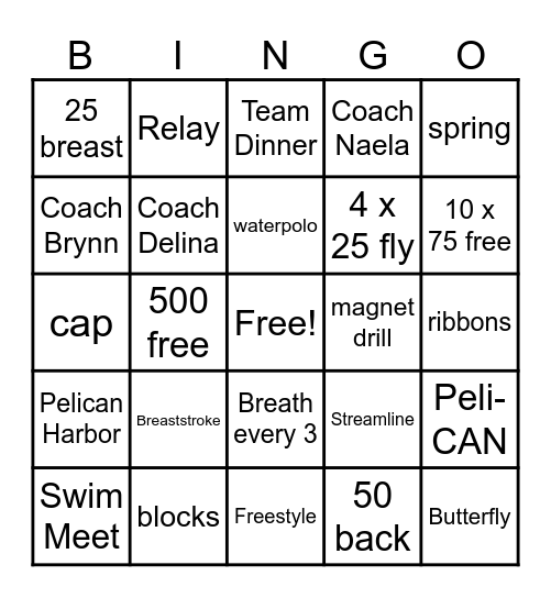 Pelican Swim Team Bingo Card