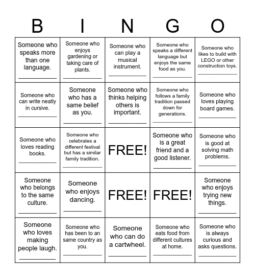 All About Us Bingo Card